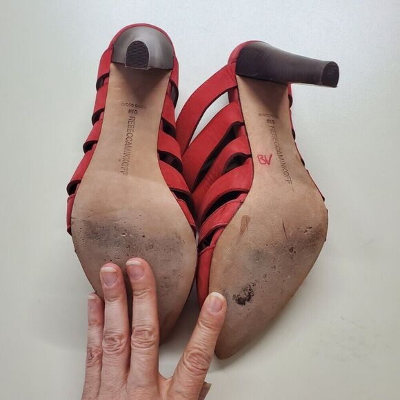 Rebecca Minkoff Red Suede Mule Heels Womens 8 Pointed Toe Cut Outs Strappy Sexy - Picture 5 of 7